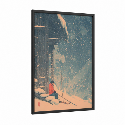 Snowy Mountain Skier framed skiing print — black wood frame — teal and peach palette