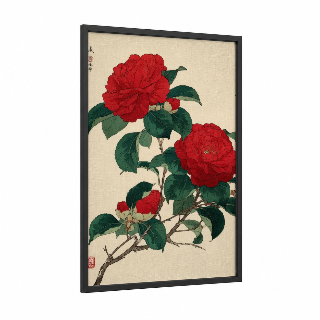 Red Roses Branch framed art print — black wood frame — red and dark green palette