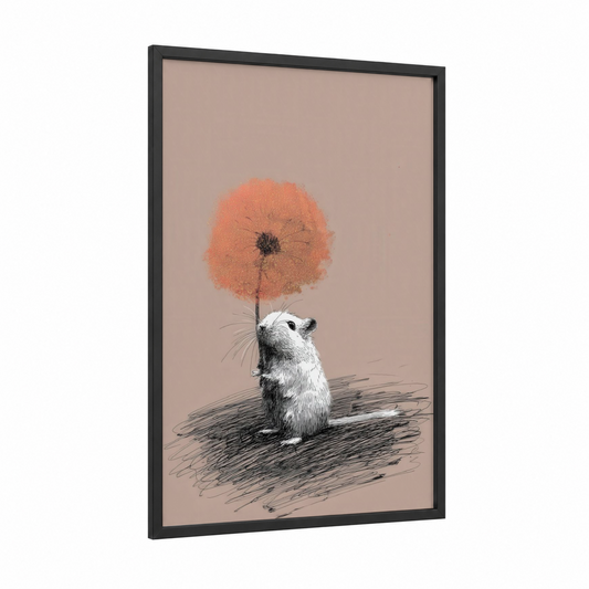 Dreaming Gerbil framed art print — black wood frame — peach and beige palette