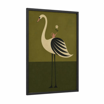 Geometric Swan With Flower Wall Art framed art print — black wood frame — olive and peach palette