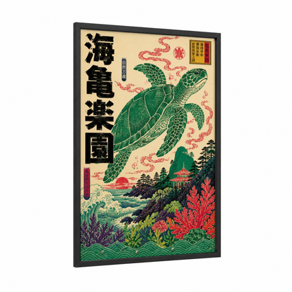 Japanese Sea Turtle Vintage Woodblock Wall Art framed art print — black wood frame — green and cream palette