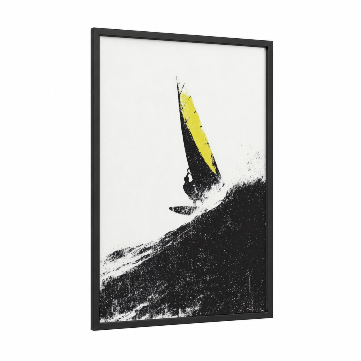 Yellow Wave Rider framed windsurfing print — black wood frame — black and white and yellow palette