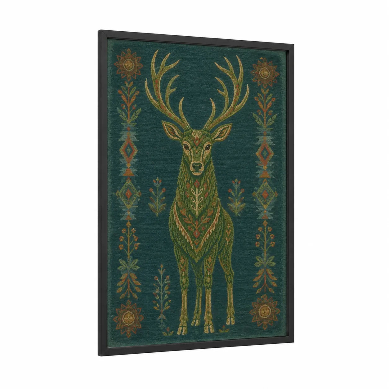 Decorative Deer With Antlers Wall Art framed art print — black wood frame — teal and gold palette