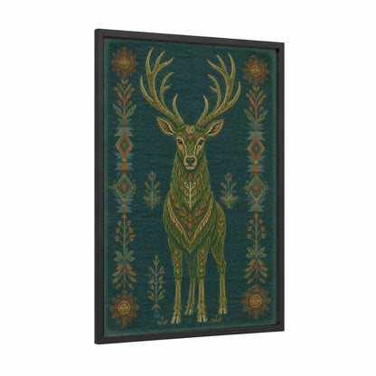 Decorative Deer With Antlers Wall Art framed art print — black wood frame — teal and gold palette