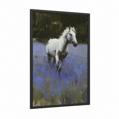 Lavender Andalusian framed andalusian horse print — black wood frame — white and royal blue palette