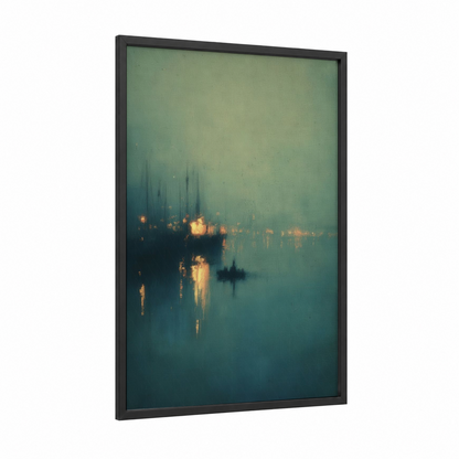 Misty Harbor Lights framed port print — black wood frame — teal and gold palette