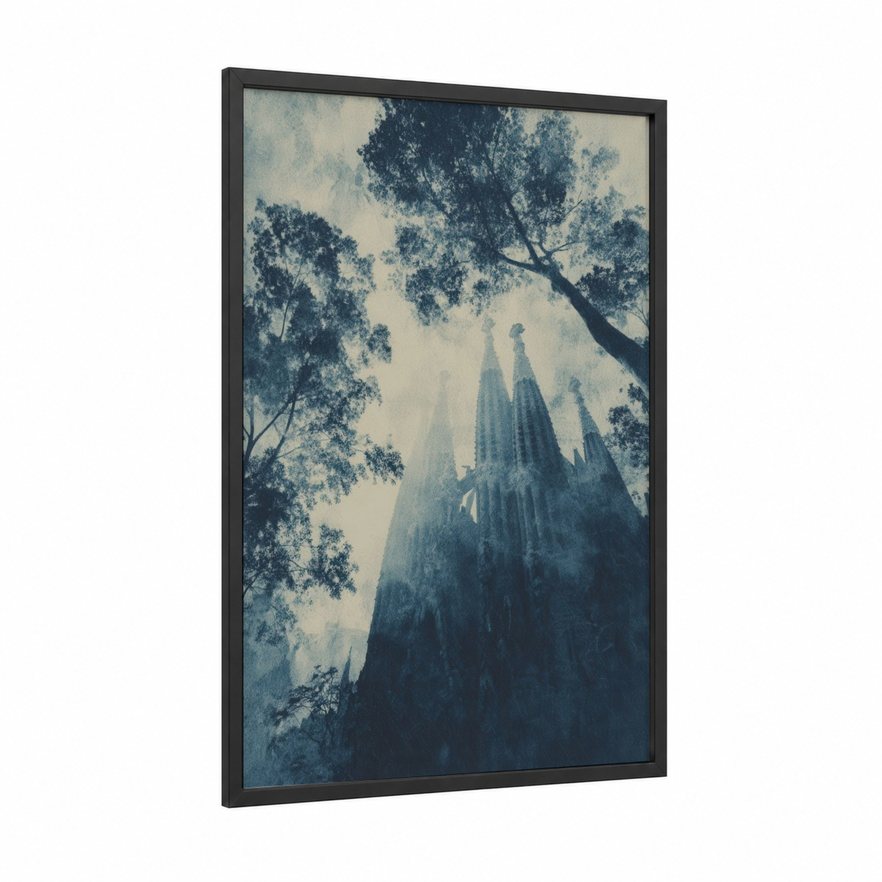 Sagrada Canopy framed sagrada familia print — black wood frame — blue and white and dove gray palette
