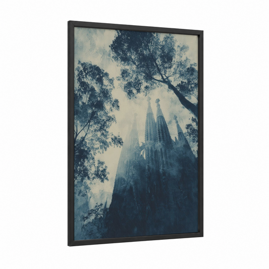 Sagrada Canopy framed sagrada familia print — black wood frame — blue and white and dove gray palette