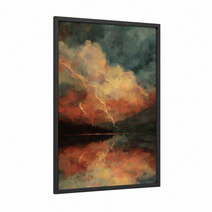 Stormy Lightning Strike framed art print — black wood frame — gold and gray palette