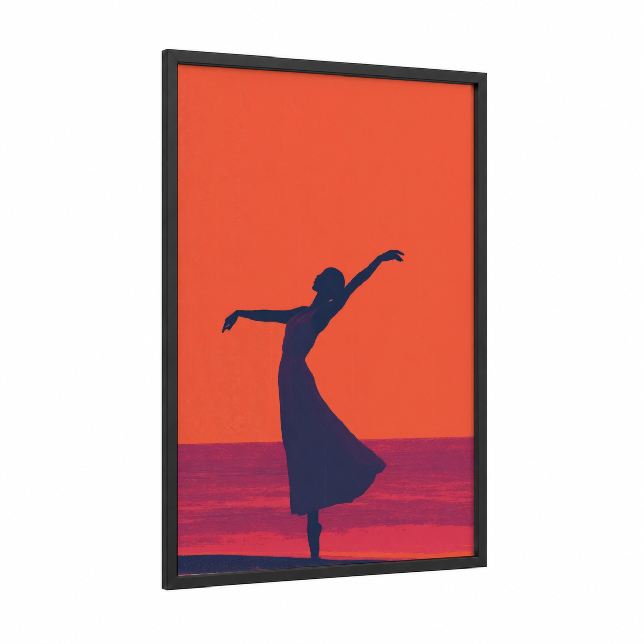 Graceful Hula Dancer framed art print — black wood frame — orange and magenta palette