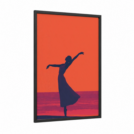 Graceful Hula Dancer framed art print — black wood frame — orange and magenta palette