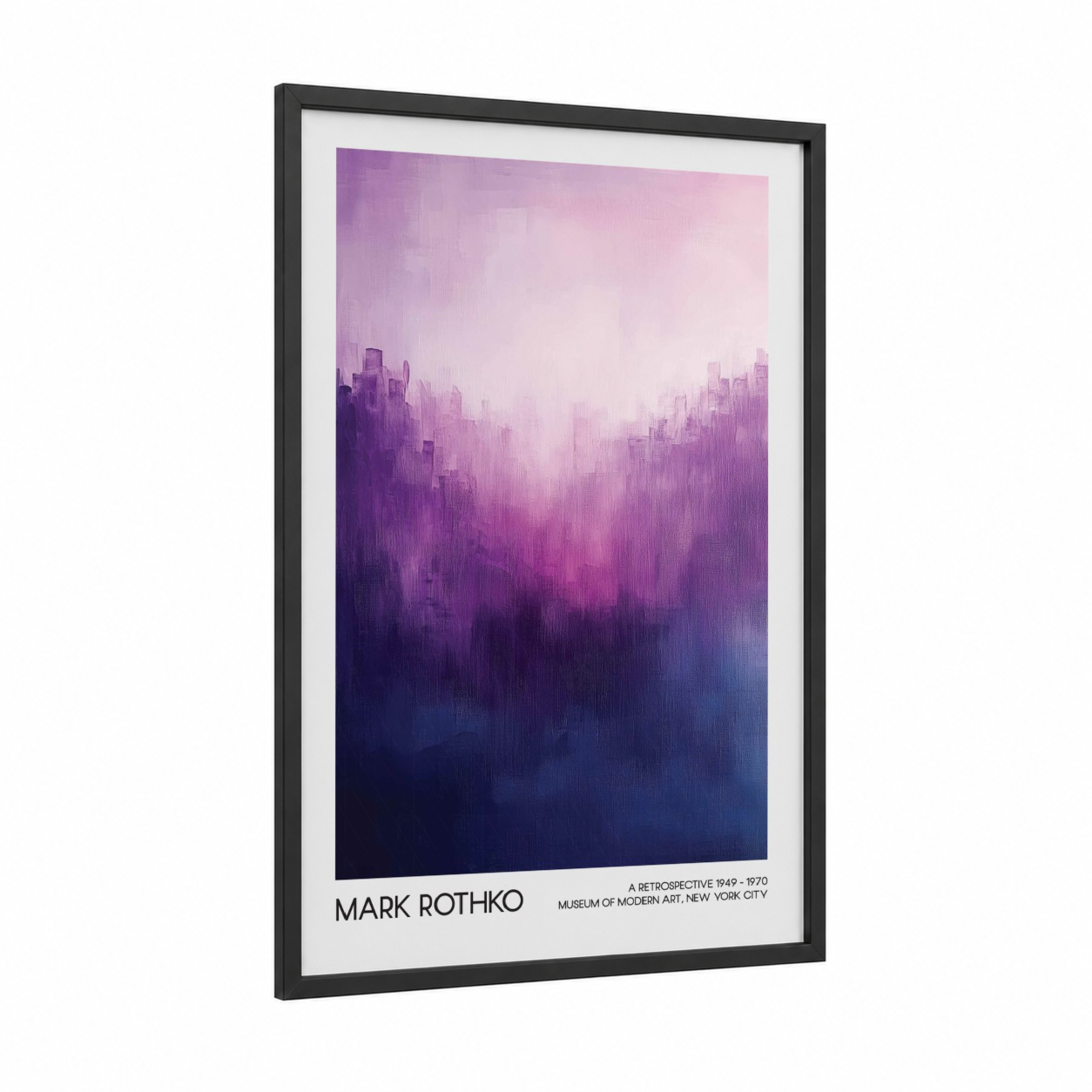 Twilight Cityscape framed abstract classic print — black wood frame — magenta and blue palette