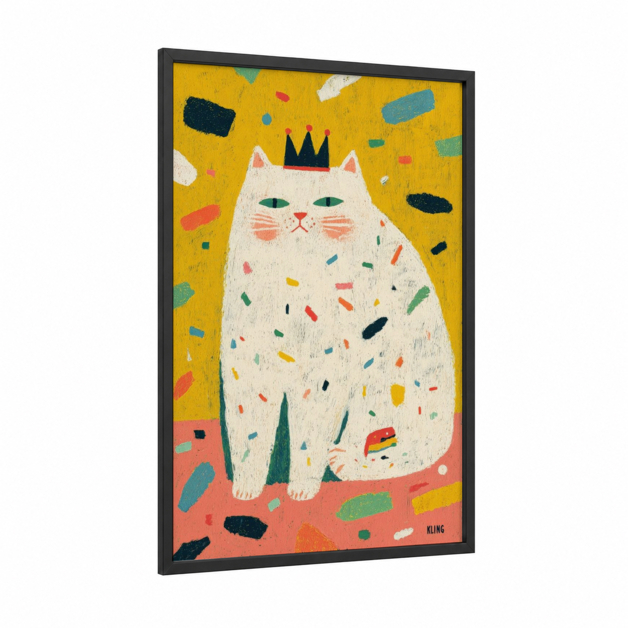 Crowned Cat Celebration framed mardi gras print — black wood frame — yellow gold and teal palette