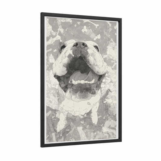 Joyful Bulldog framed art print — black wood frame — black and white and gray palette