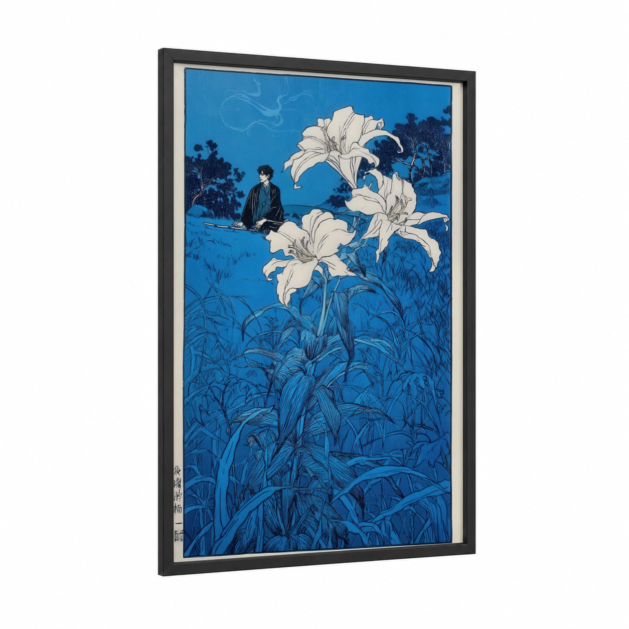 Moonlit Amaryllis framed amarillys print — black wood frame — blue and white palette