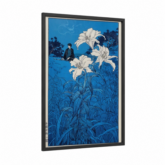 Moonlit Amaryllis framed amarillys print — black wood frame — blue and white palette