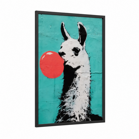 Playful Llama framed art print — black wood frame — turquoise and red palette