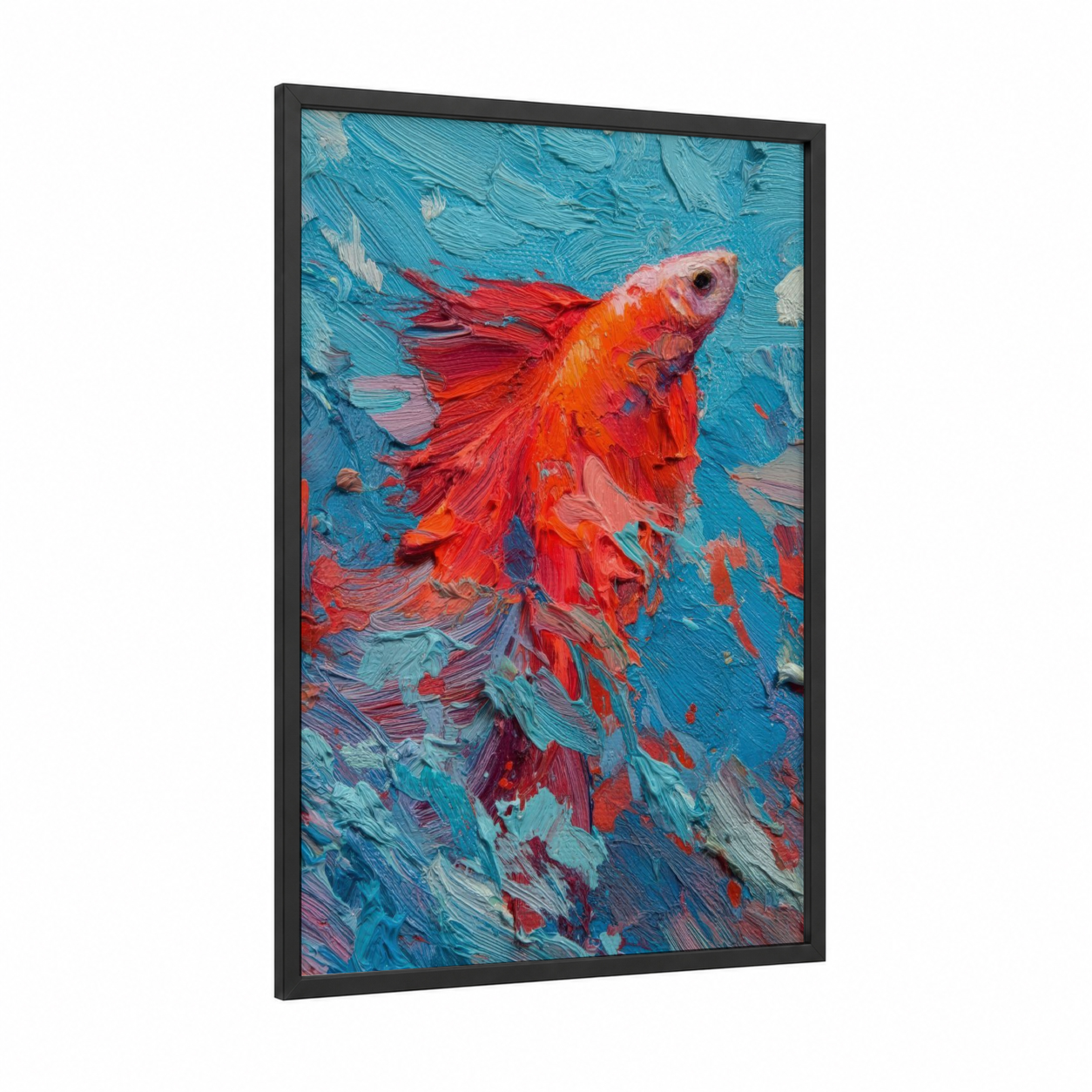 Crimson Betta Flow framed fighting fish print — black wood frame — red and blue palette