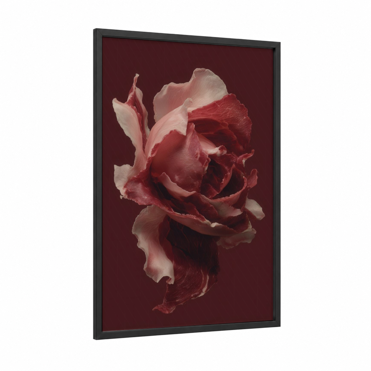 Crimson Meat Rose framed art print — black wood frame — maroon and salmon pink palette