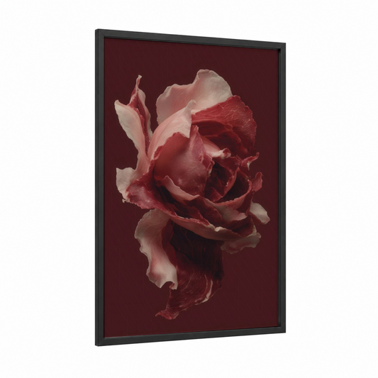 Crimson Meat Rose framed art print — black wood frame — maroon and salmon pink palette