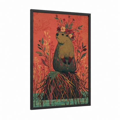 Rooted Beaver framed art print — black wood frame — pumpkin and gold palette