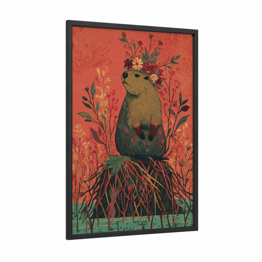 Rooted Beaver framed art print — black wood frame — pumpkin and gold palette