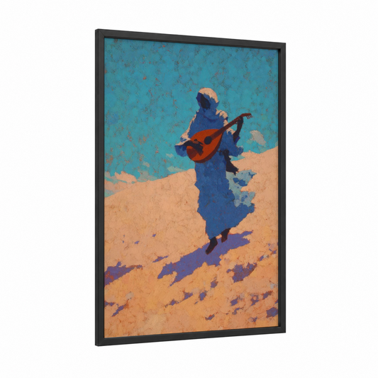 Desert Musician framed art print — black wood frame — turquoise and orange palette