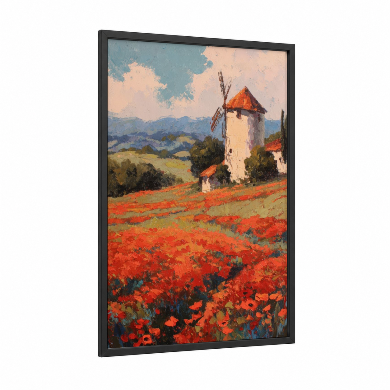 Poppy Windmill framed windmills print — black wood frame — red and gold palette