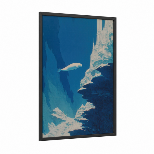 Arctic Beluga Explorer framed beluga whale print — black wood frame — blue and white palette