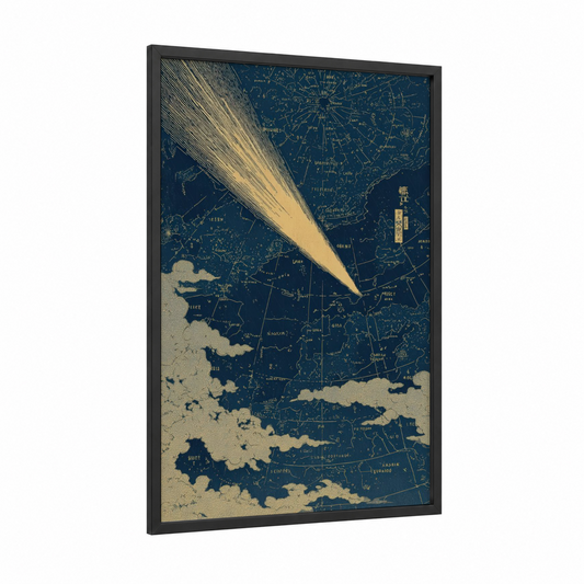 Celestial Impact framed astroids and comets print — black wood frame — dark blue and gold palette