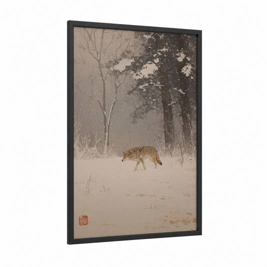 Snowy Coyote framed art print — black wood frame — beige and gray palette