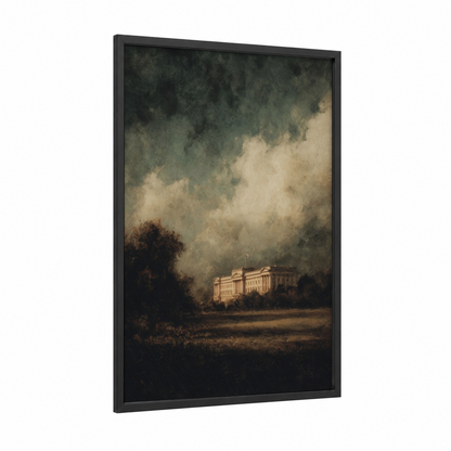 Stormy Buckingham framed buckingham palace print — black wood frame — gray and cream palette