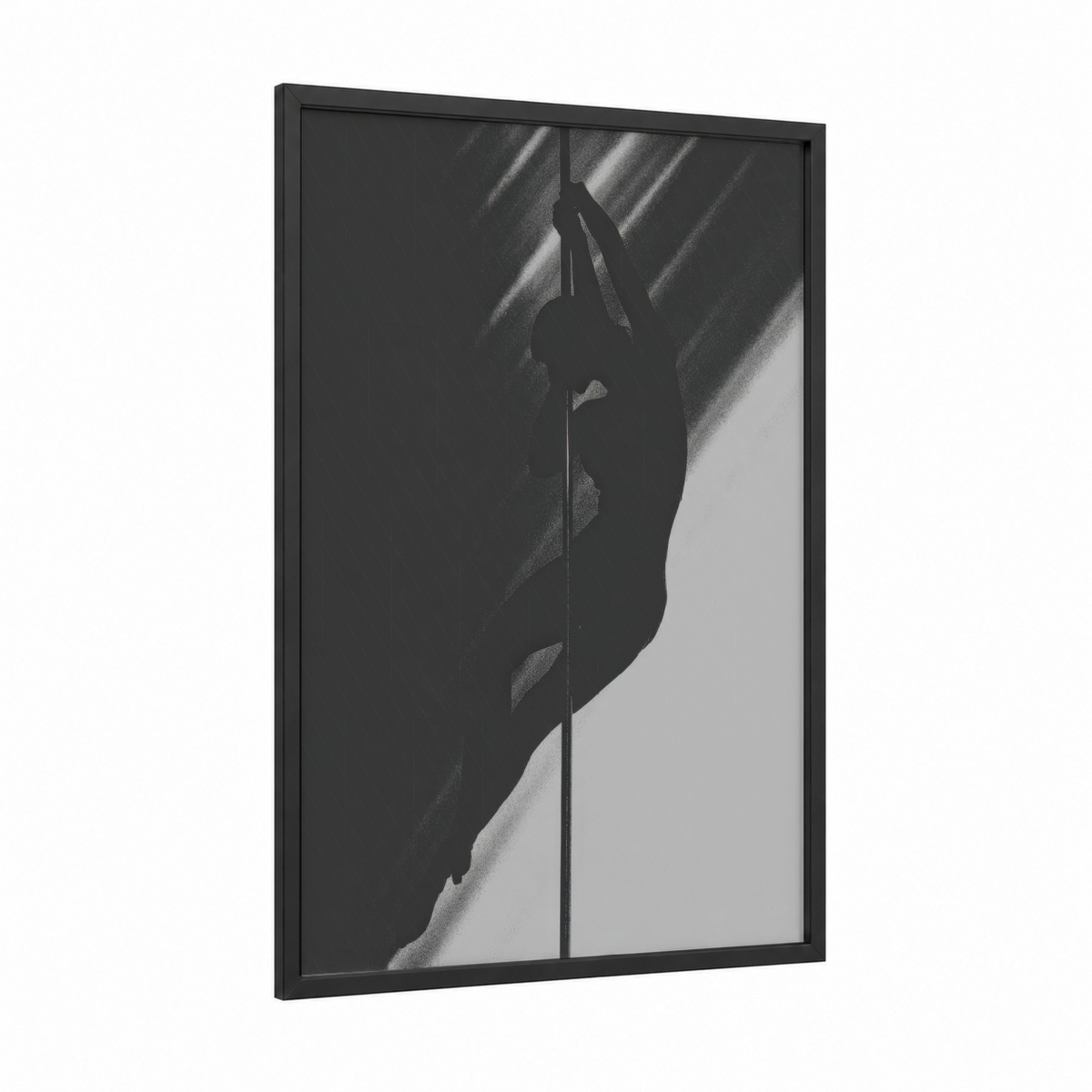 Silhouette Pole Dance framed pole dancing print — black wood frame — black and white and gray palette