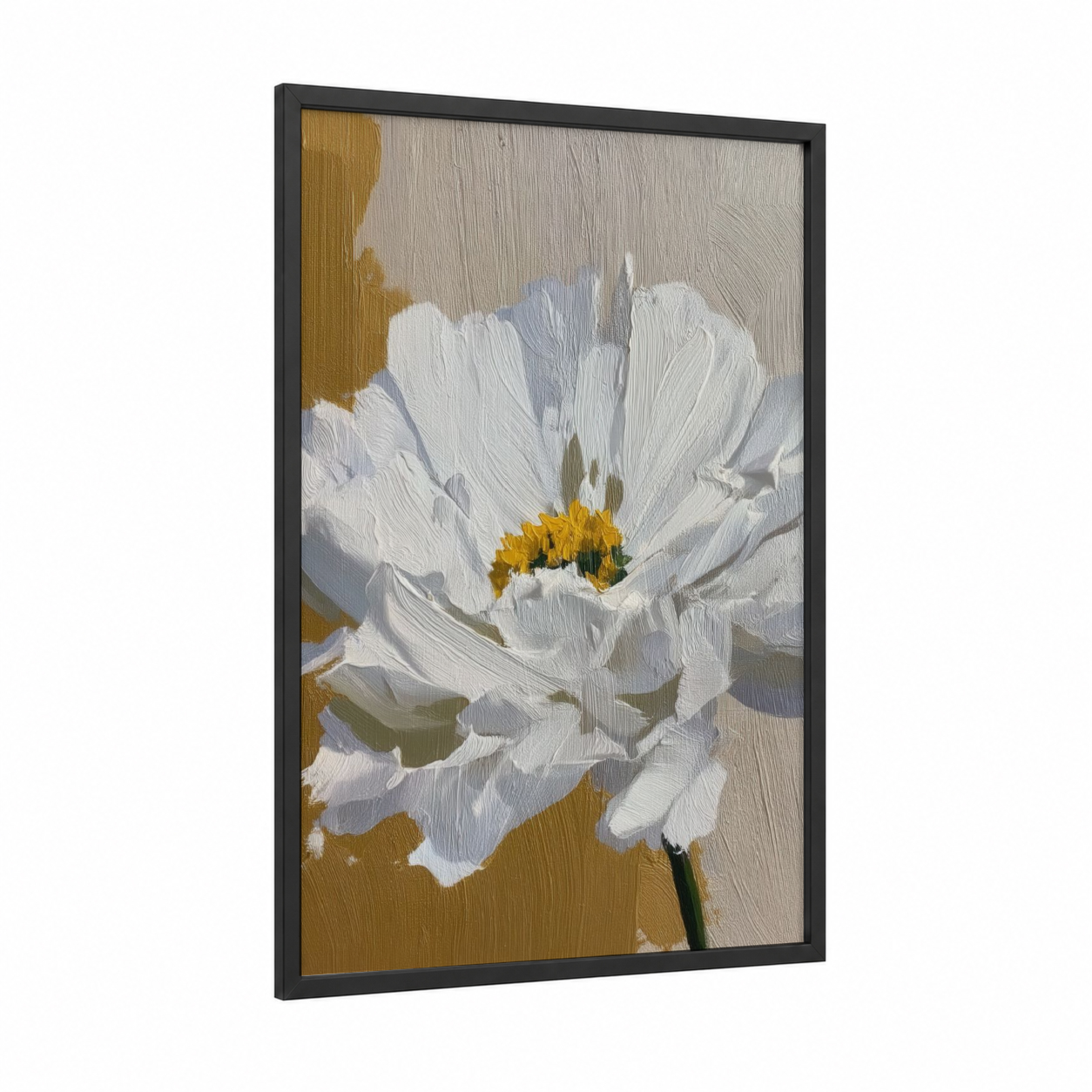 White Peony Glory framed abstract flower print — black wood frame — white and gold palette