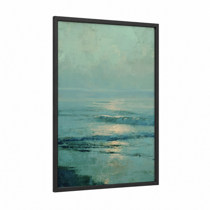 Tranquil Seascape framed seascapes and ocean print — black wood frame — teal and sage green palette