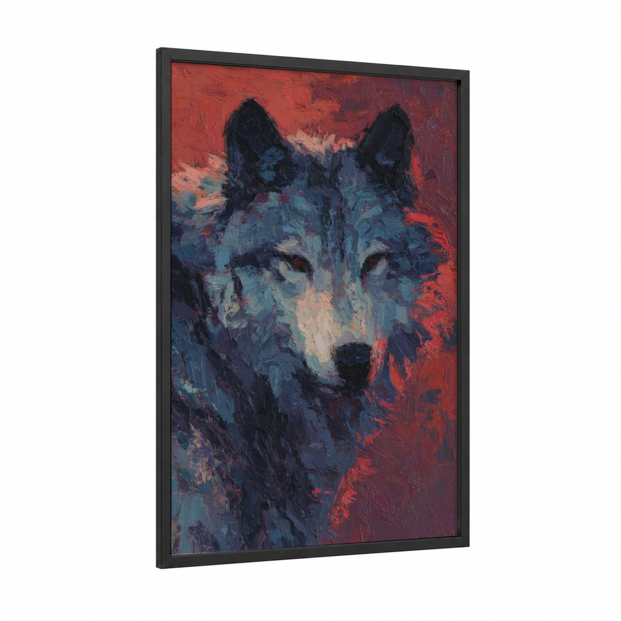 Crimson Wolf framed art print — black wood frame — red and blue palette