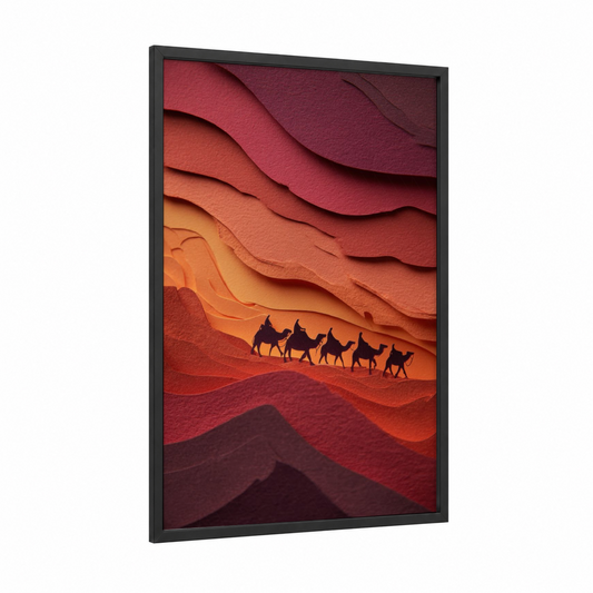 Desert Caravan framed camel print — black wood frame — orange and maroon palette