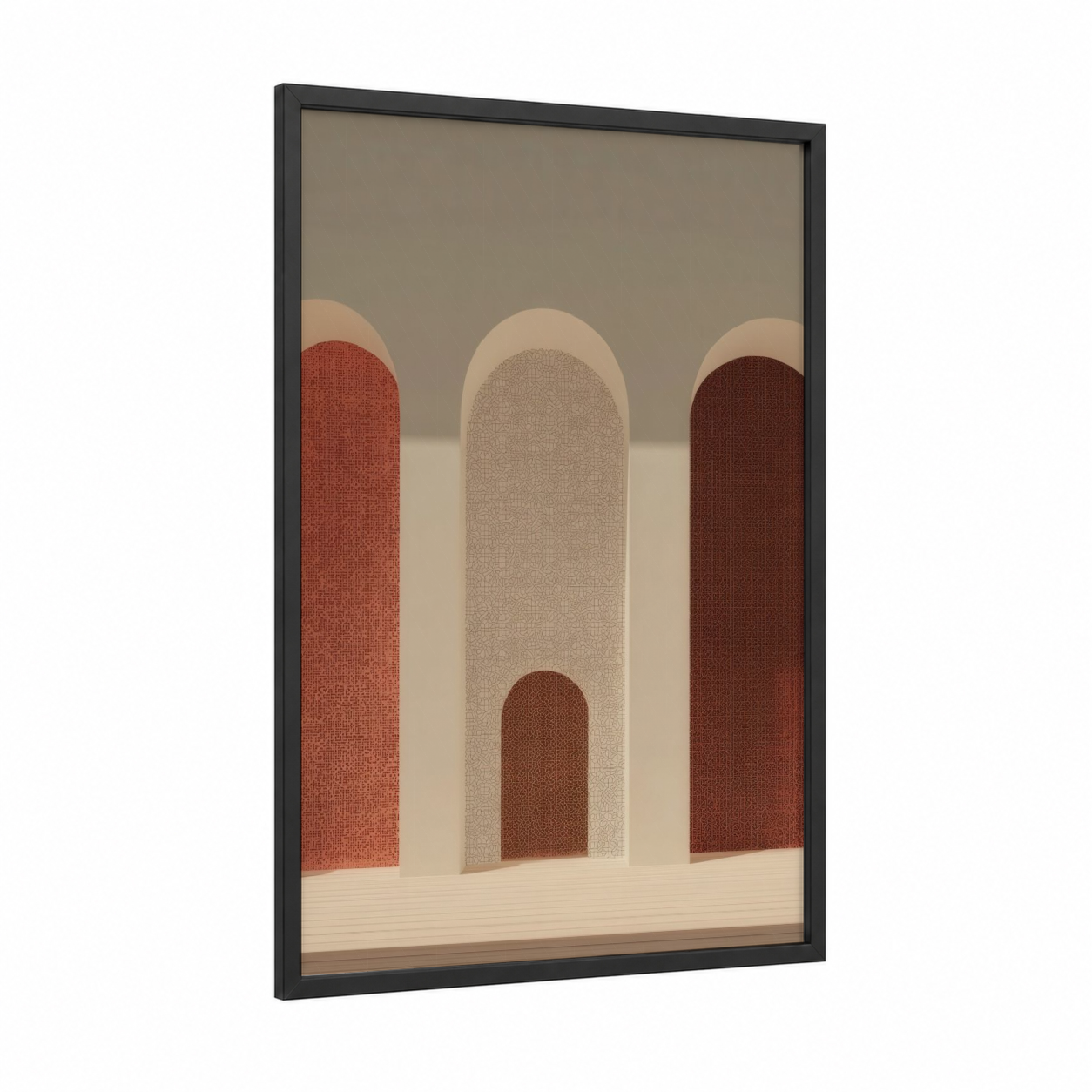 Islamic Archways framed art print — black wood frame — beige and russet palette
