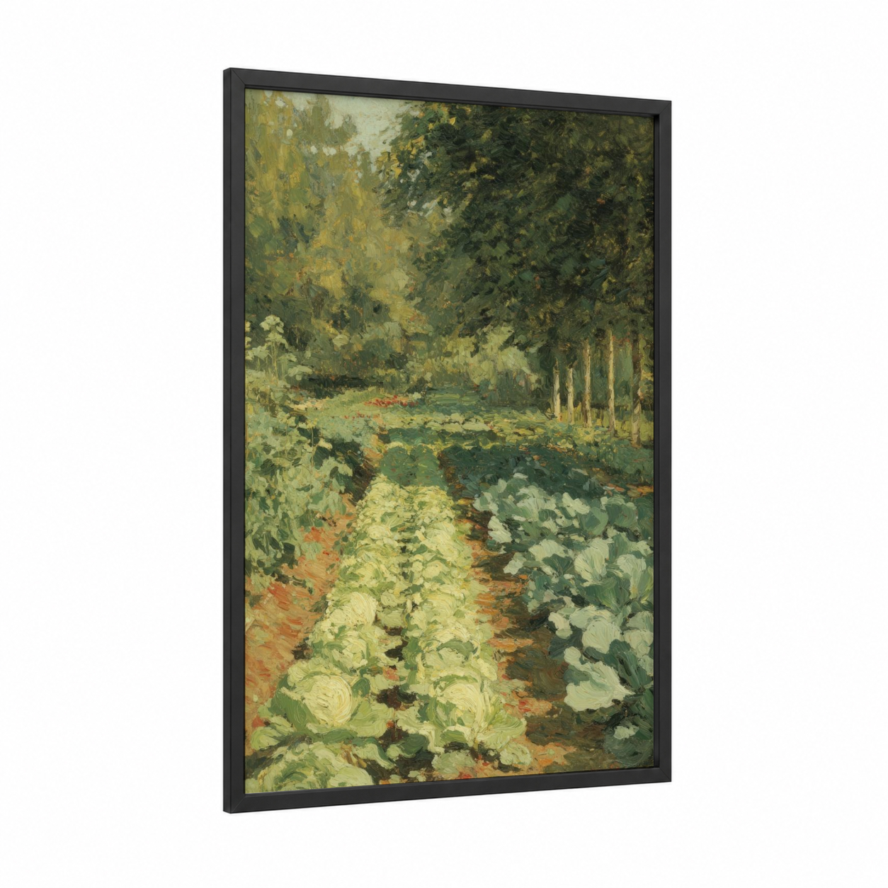 Vegetable Garden Path framed art print — black wood frame — green and gold palette