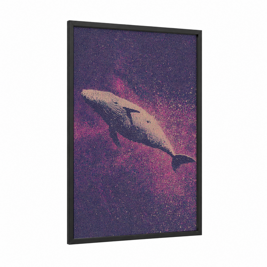 Celestial Whale framed sperm whale print — black wood frame — purple and magenta palette