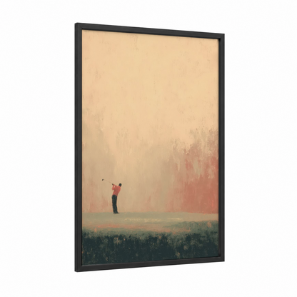 Solitary Golfer framed art print — black wood frame — peach and cream palette