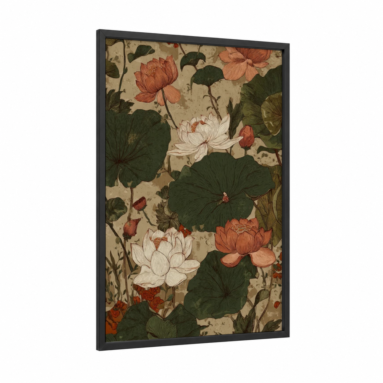 Classical Lotus Garden framed art print — black wood frame — cream and dark green palette