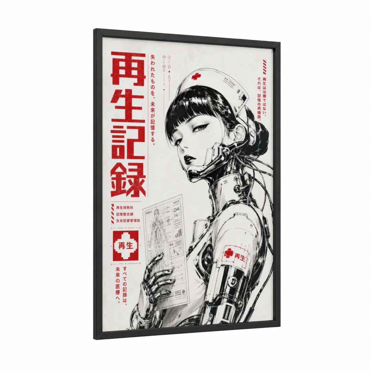 Cybernetic Medical Android Wall Art framed sci fi print — black wood frame — red and black and white palette
