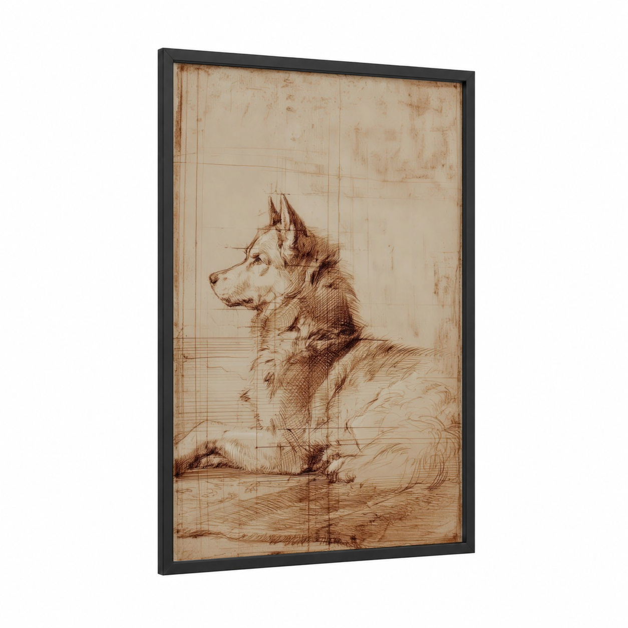 Watchful Husky framed art print — black wood frame — beige and brown palette