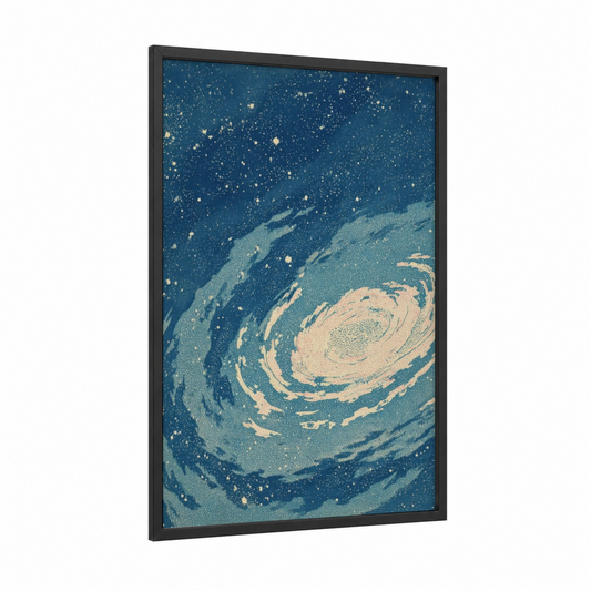 Cosmic Swirl Galaxy framed art print — black wood frame — blue and gold palette
