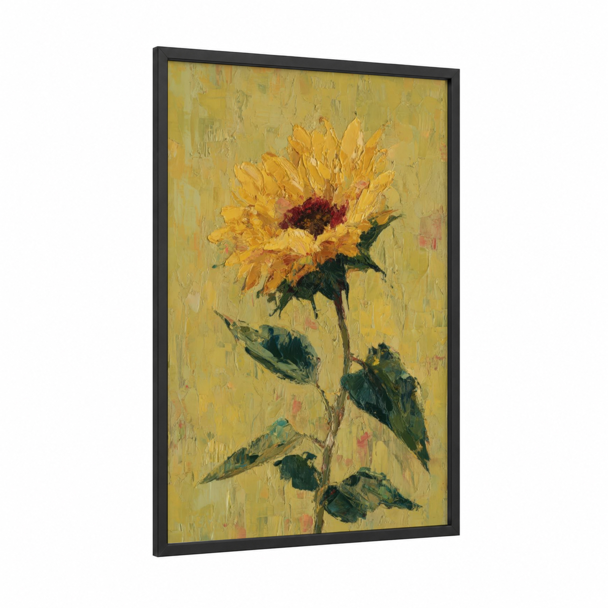 Golden Sunflower framed art print — black wood frame — yellow gold and dark green palette