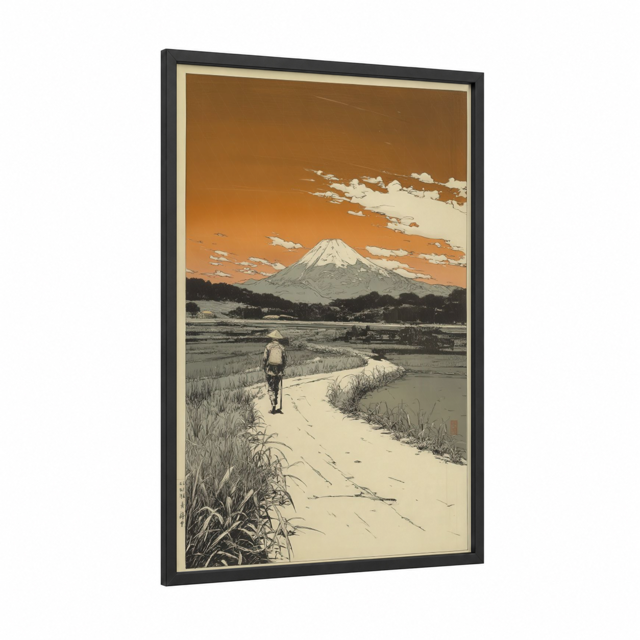 Mount Fuji Pathway framed various landscapes print — black wood frame — gold and cream palette
