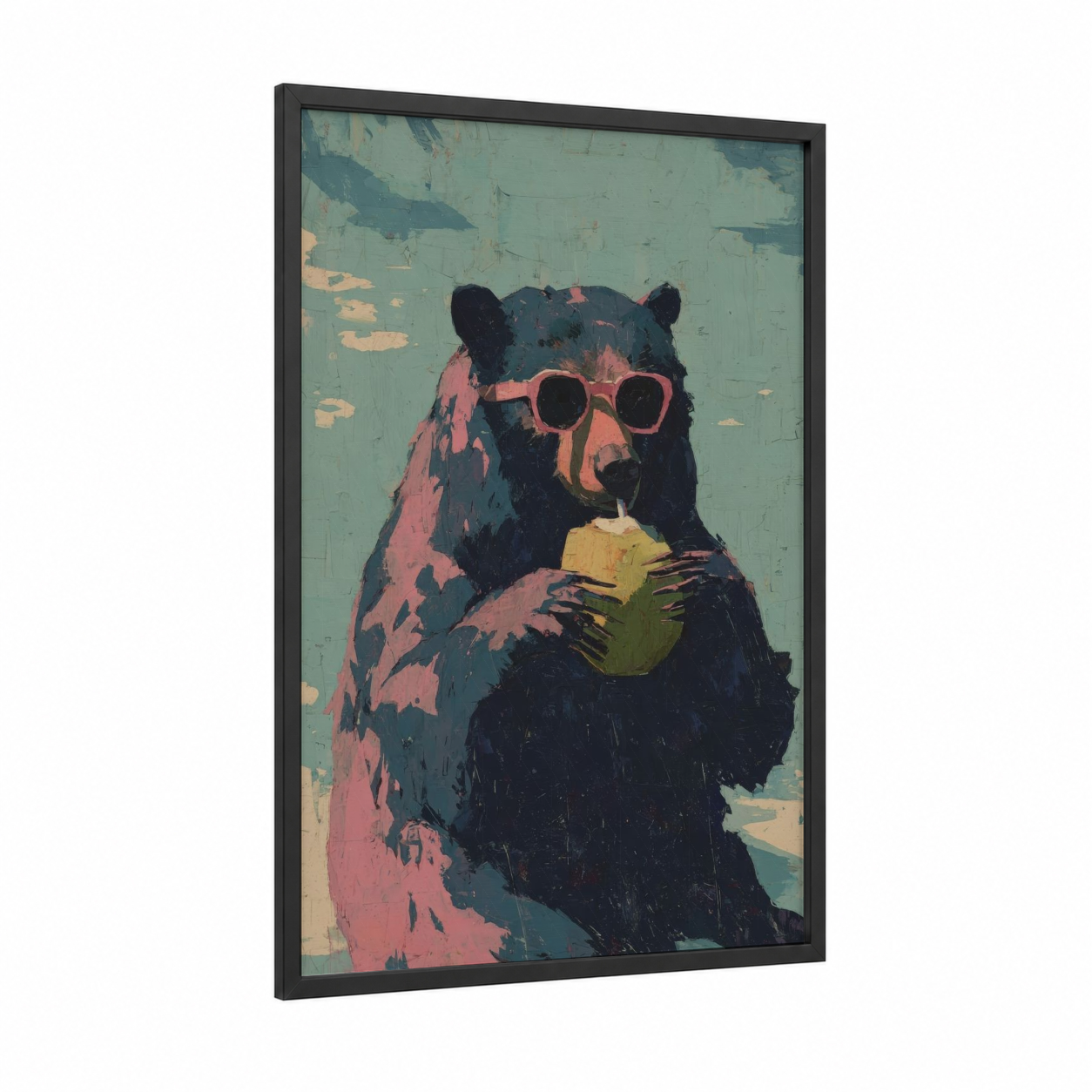 Cool Sloth Bear framed art print — black wood frame — sage green and rose gold palette