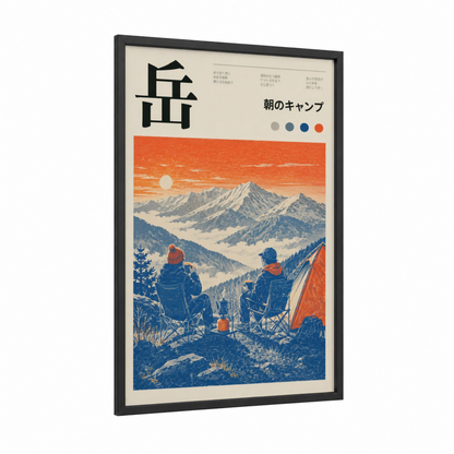 Japanese Mountain Camping Sunrise Wall Art framed art print — black wood frame — orange and blue palette