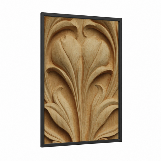 Ornamental Wood Relief framed woodcarving print — black wood frame — cream palette